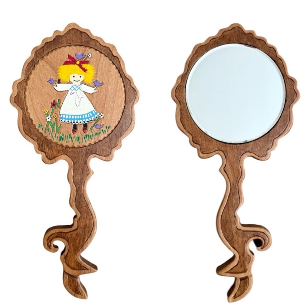 Vintage Vanity Mirror Wood Carved Flower Hand Painted Handheld